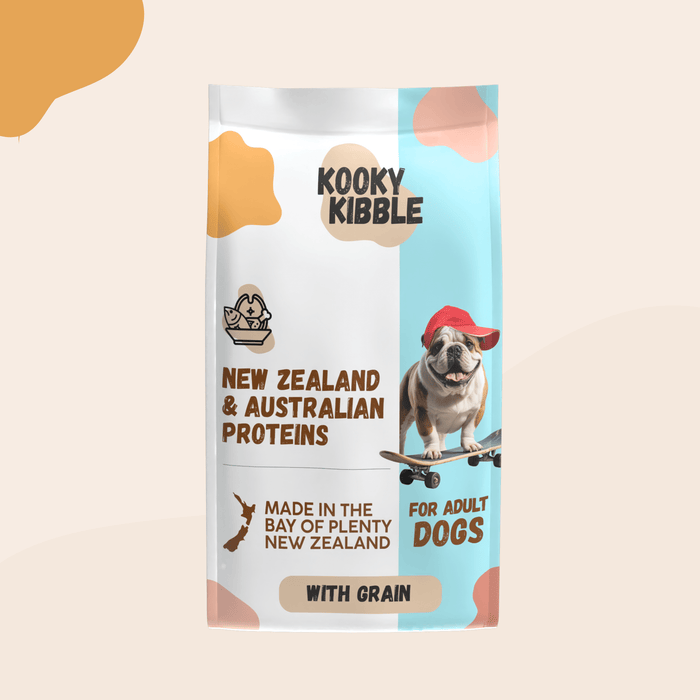 Kooky Kibble NZ New Zealand dog food with grains for adult dogs, 12 or 24 kg bag, showing the kibble and packaging.