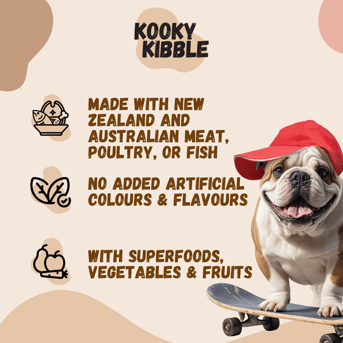 Kooky Kibble NZ adult dog food with grains in a 600g dry food bag, suitable for dogs, part of the 12/24 kg range
