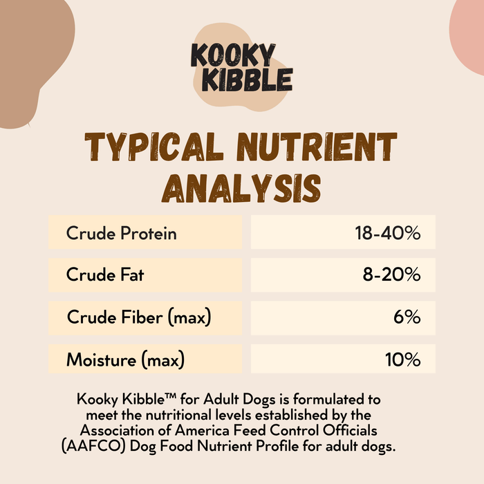 Kooky Kibble NZ New Zealand dog food with grains for adult dogs, 12/24 kg bag showing the product packaging.