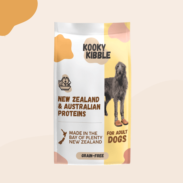Kooky Kibble NZ grain-free adult dog food in 12 or 24 kg bag, featuring natural ingredients and high-quality nutrition for dogs.