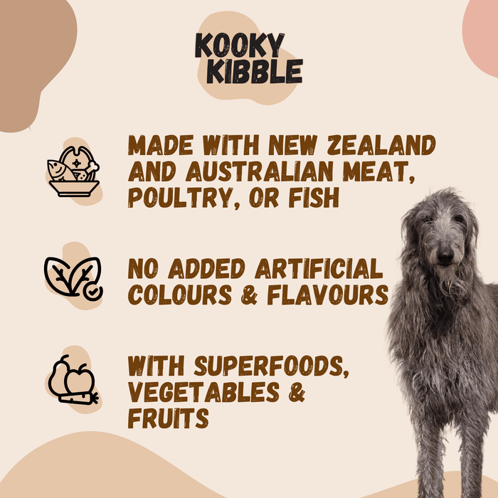 Kooky Kibble NZ grain-free adult dog food in 12 or 24 kg bag, featuring natural ingredients and healthy nutrition for dogs.