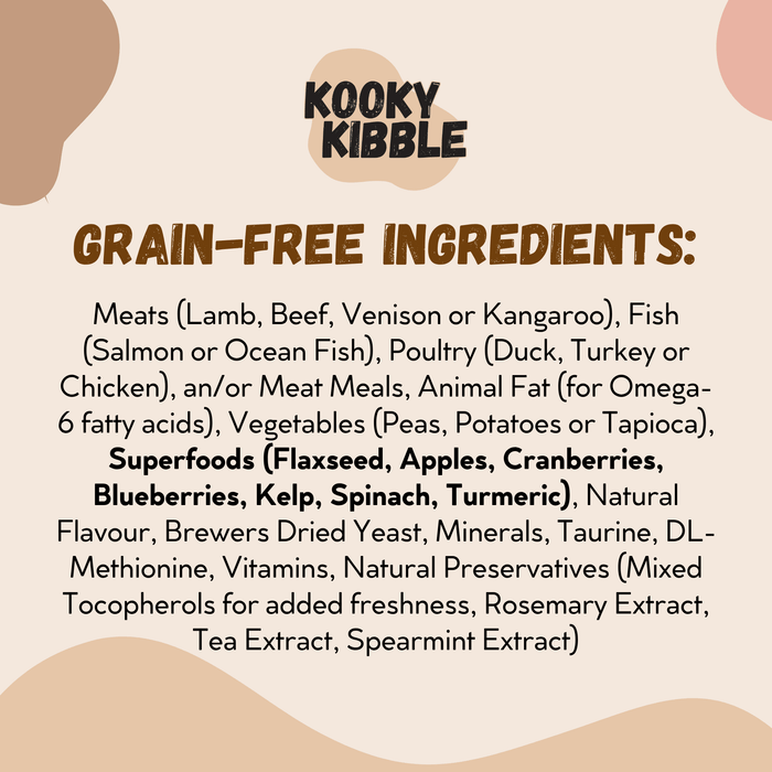 Kooky Kibble NZ grain-free adult dog food in a 600g starter kit bag, featuring high-quality ingredients for healthy dogs