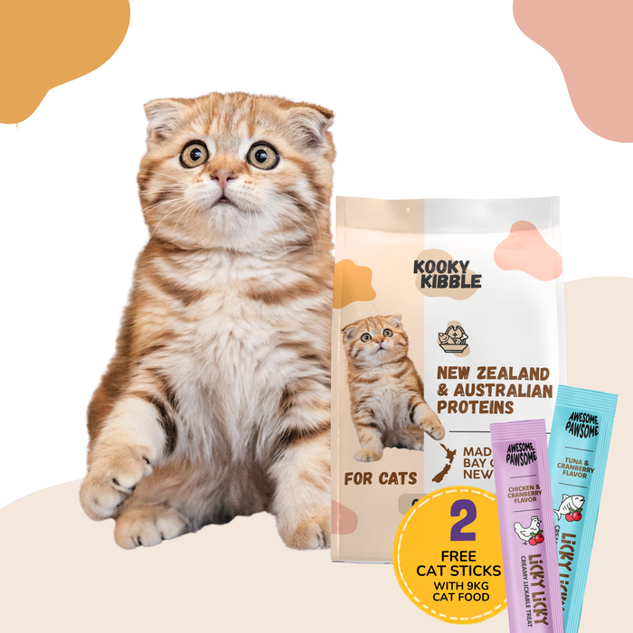 Kooky Kibble NZ grain-free dry cat food for all life stages, featuring a bag of high-quality, natural cat food for cats.