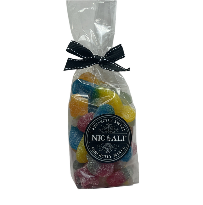 Bag of colorful gummy bears with a black bow and 'Nic & Ali' label on a white background