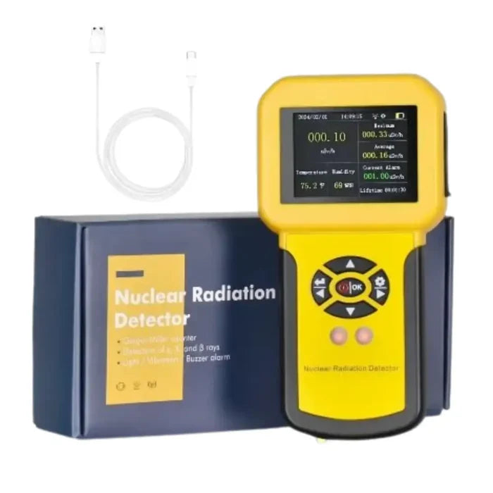 Habicare HBC nuclear radiation detector Geiger counter showing digital display and sensor for detecting radiation levels