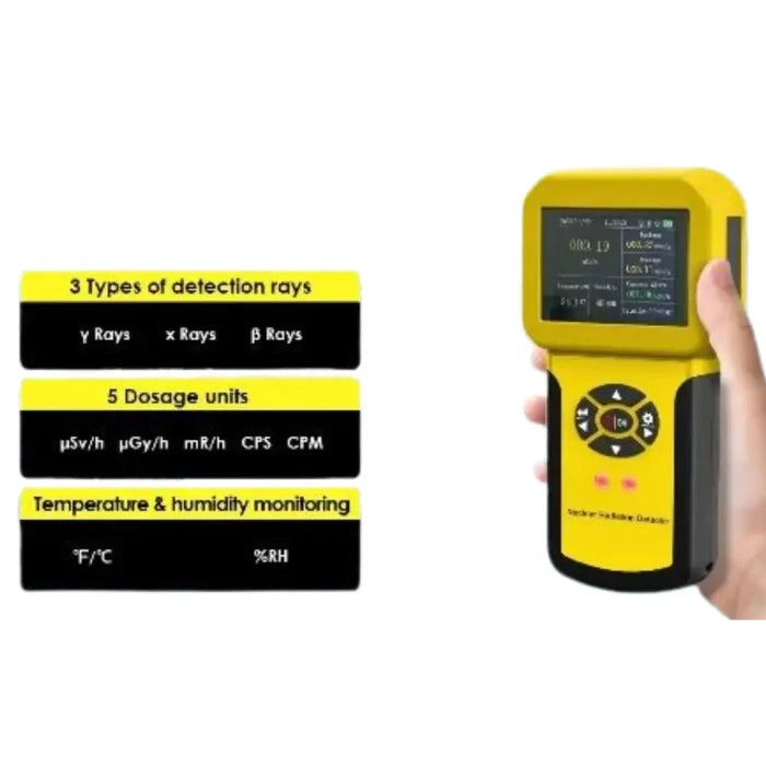 Habicare HBC nuclear radiation detector Geiger counter with digital display and handheld design for radiation measurement.