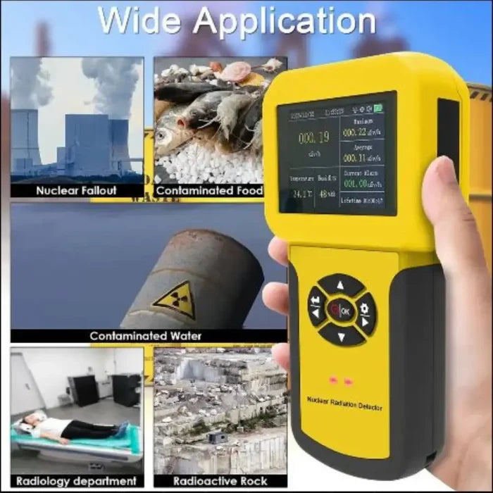 Habicare HBC nuclear radiation detector Geiger counter measuring radiation levels with digital display and ergonomic design.