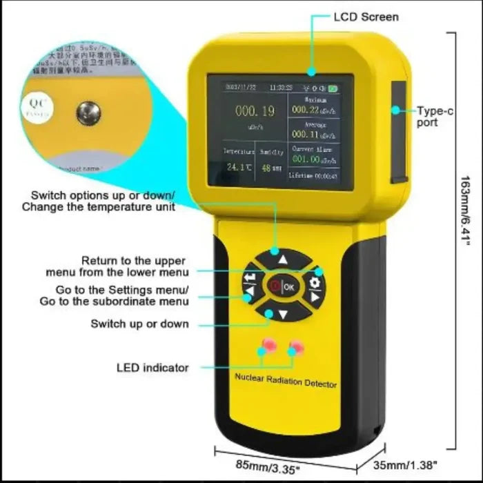 Habicare HBC nuclear radiation detector Geiger counter showing digital display and handheld design for radiation measurement.