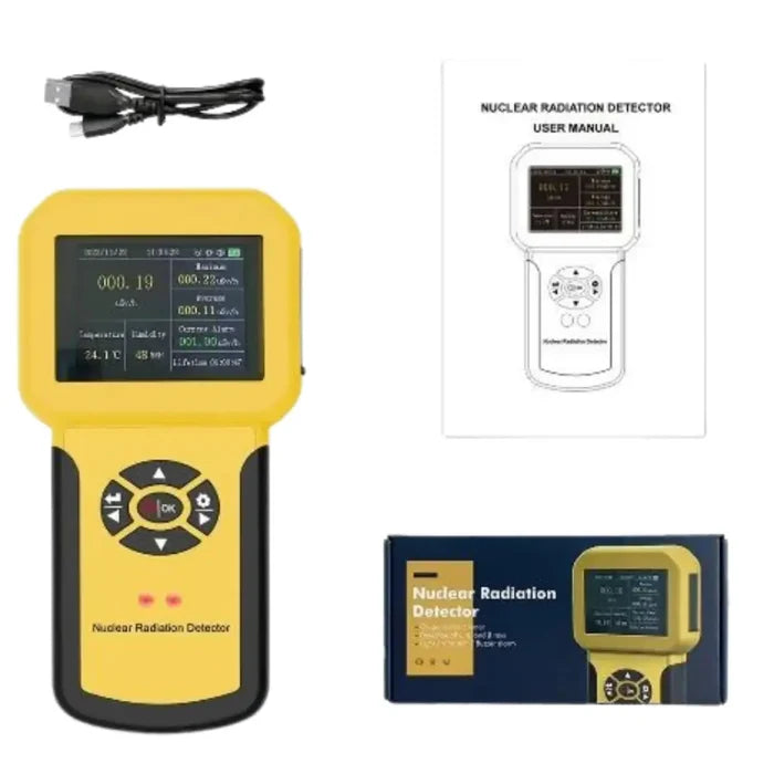 Habicare HBC nuclear radiation detector Geiger counter with digital display and compact design for radiation measurement.