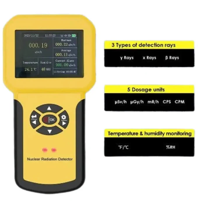 Habicare HBC Nuclear Radiation Detector Geiger counter showing digital display and sensor for detecting radiation levels.