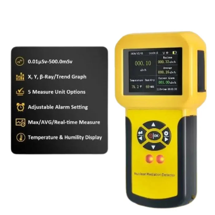 Habicare HBC nuclear radiation detector Geiger counter showing digital display and sensor probe for radiation measurement.