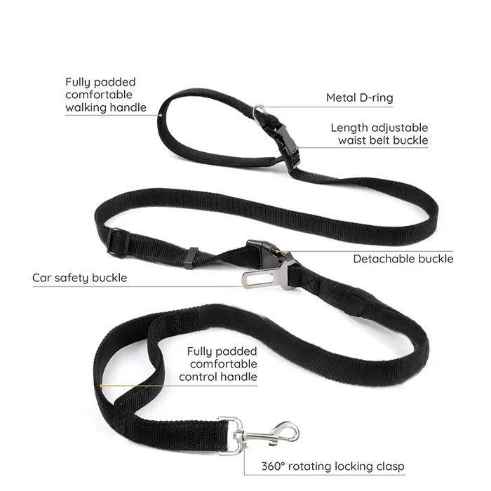 Habicare nylon hands-free dog leash, 2.5×250cm, stainless steel clip, adjustable for secure walking with your pet.