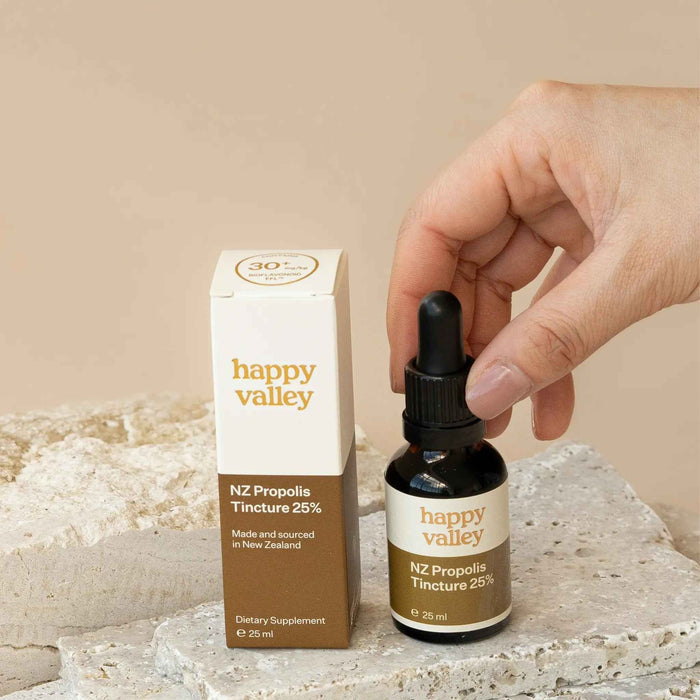 Bottle of Happy Valley Honey NZ Propolis Tincture 25%, a natural herbal extract for immune support.