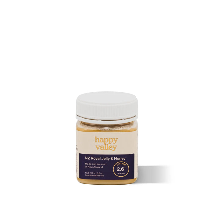 Jar of Happy Valley Honey royal jelly supplement with honey, featuring golden jelly and honeycomb on a white background.