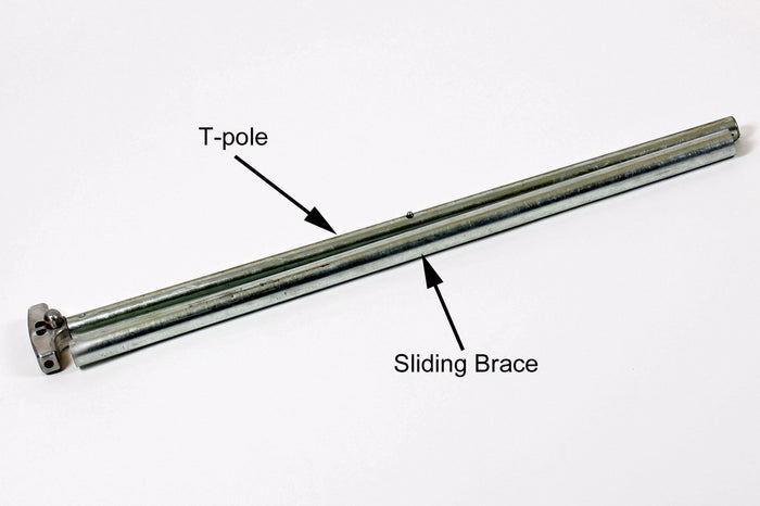 Metal T-pole with sliding brace for secure installation, ideal for various structural applications.
