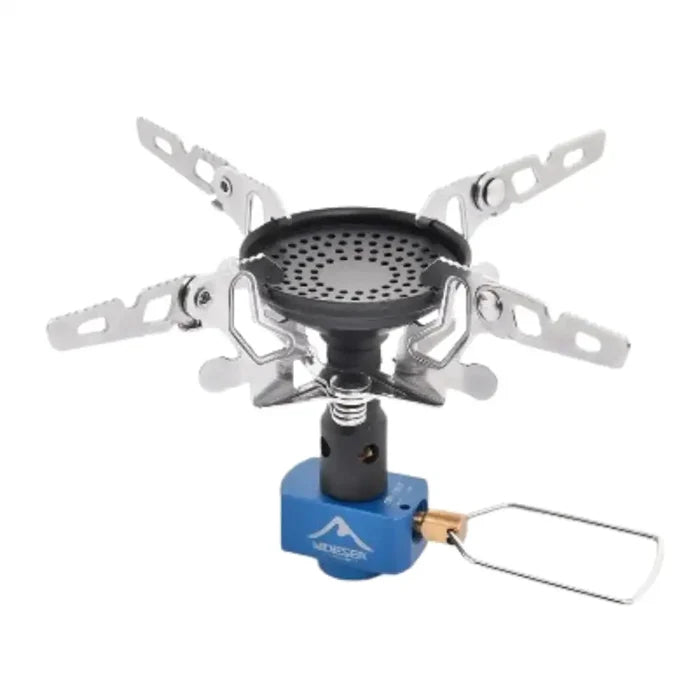 Stainless steel outdoor camping gas burner by Habicare with control knobs and compact design for portable cooking.