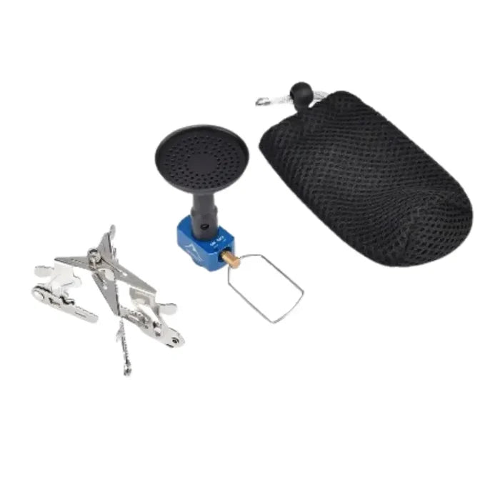 Stainless steel outdoor camping gas burner by Habicare, showing the compact portable stove with control knobs and cooking surface.