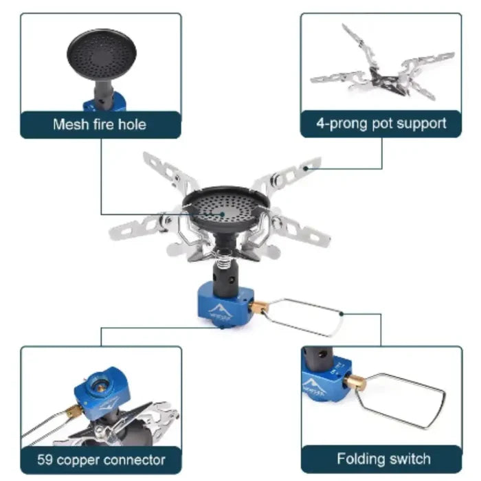Stainless steel outdoor camping gas burner by Habicare, compact portable stove ideal for camping and outdoor cooking.