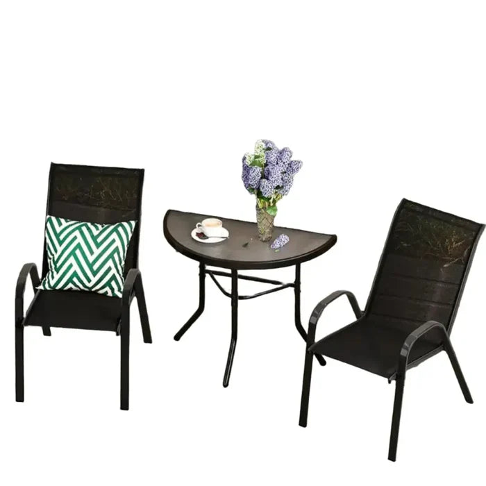 Habicare outdoor dining set with semicircular patio table and two SS chairs for outdoor seating and entertaining.