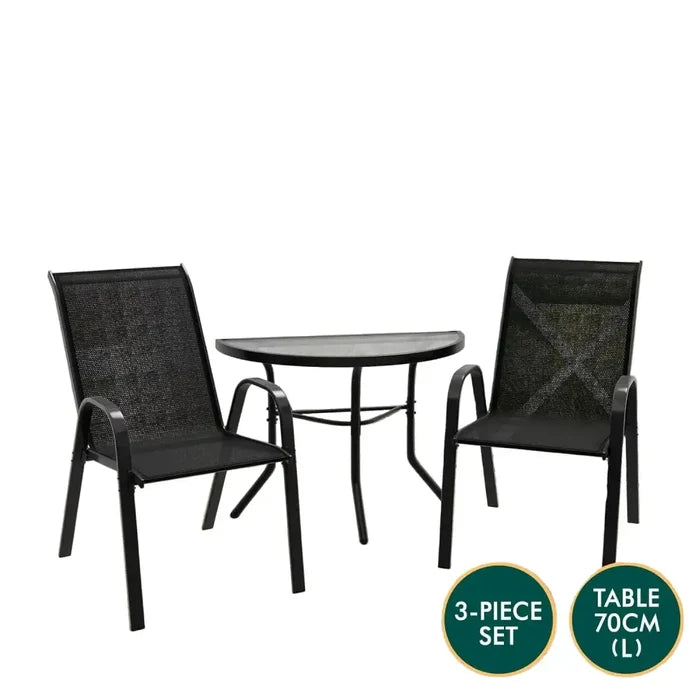Habicare outdoor dining set with semicircular patio table and two SS chairs for outdoor meals and gatherings.