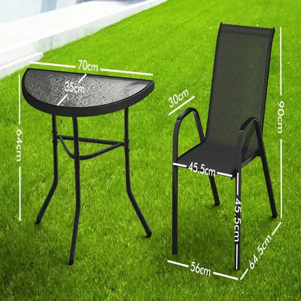 Habicare outdoor dining set with semicircular patio table and two stainless steel chairs for outdoor dining.