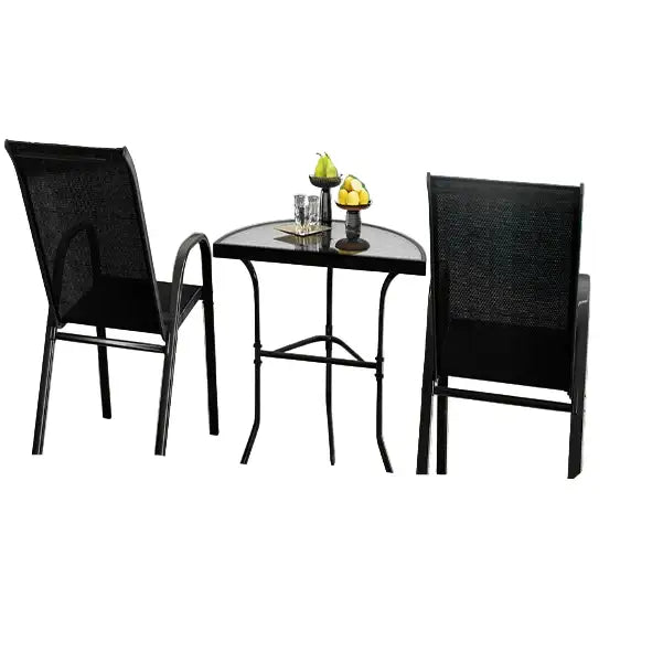 Habicare outdoor dining set with semicircular patio table and two stainless steel chairs for outdoor entertaining.
