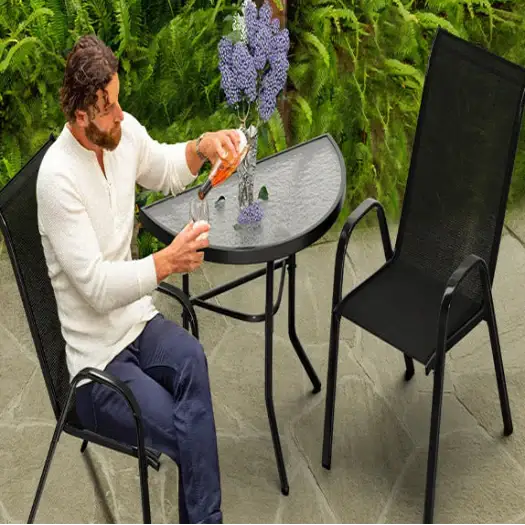Outdoor dining set with semicircular patio table and two SS chairs by Habicare, perfect for outdoor gatherings and patio use