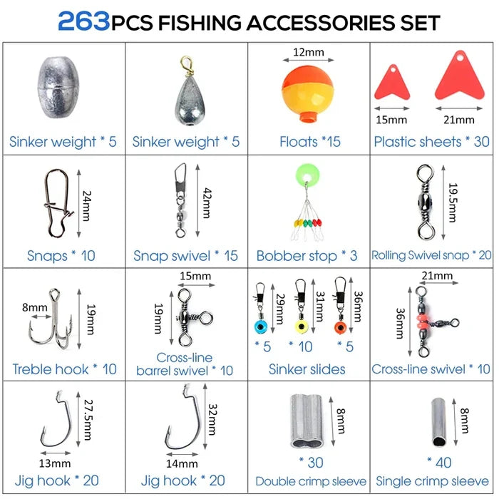 Habicare outdoor fishing accessories set with tackle box, 263 pieces including hooks, lures, and tools for fishing enthusiasts.