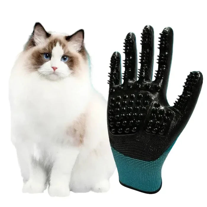 Pair of Habicare pet bath gloves, soft silicone grooming gloves for bathing and cleaning pets, shown in a pair of blue gloves.