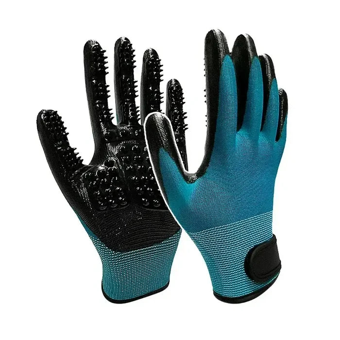 Lake blue Habicare pet bath gloves shown in a pair, made of soft SS material for gentle grooming and bathing pets.