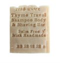 Zero-waste thyme travel shampoo, body, and shaving bar on a white background