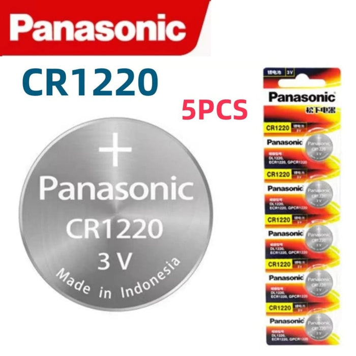 Panasonic CR1220 watch batteries in a 5-pack, small silver coin cell batteries for watches and electronic devices.
