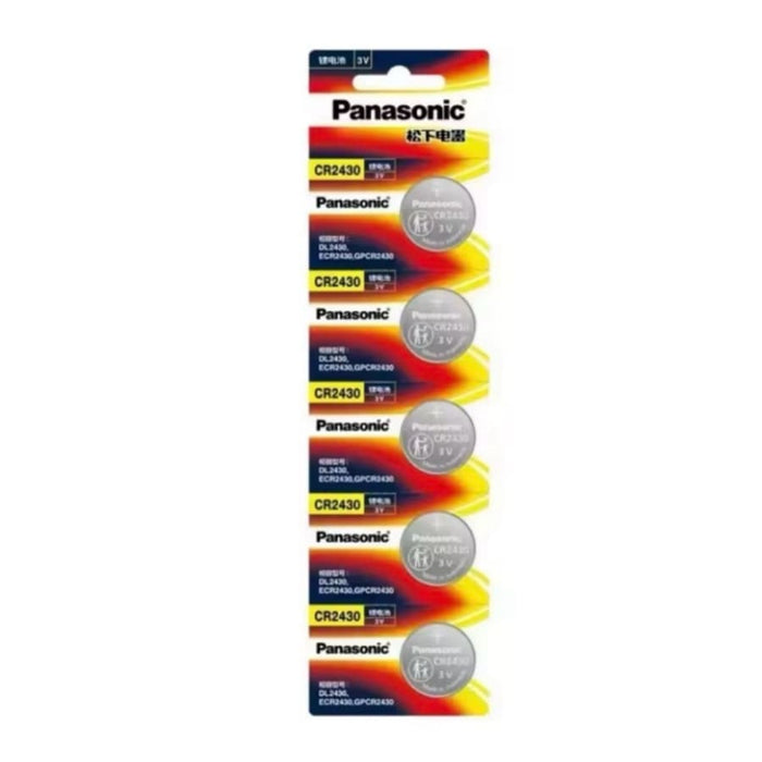 Panasonic CR2430 watch batteries in a 5-pack, small round lithium coin cell batteries for watches and electronic devices.