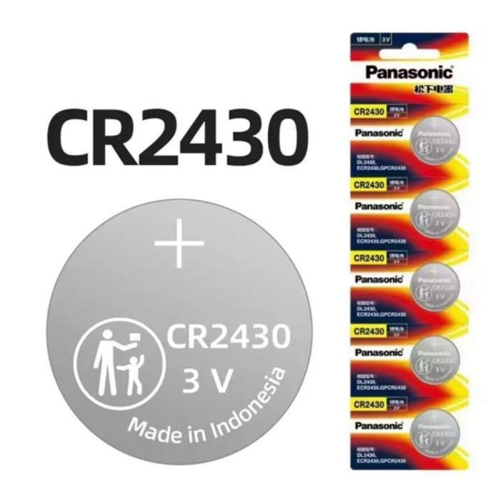Panasonic CR2430 lithium watch batteries, 5-pack, compact size for wristwatches and small electronic devices.