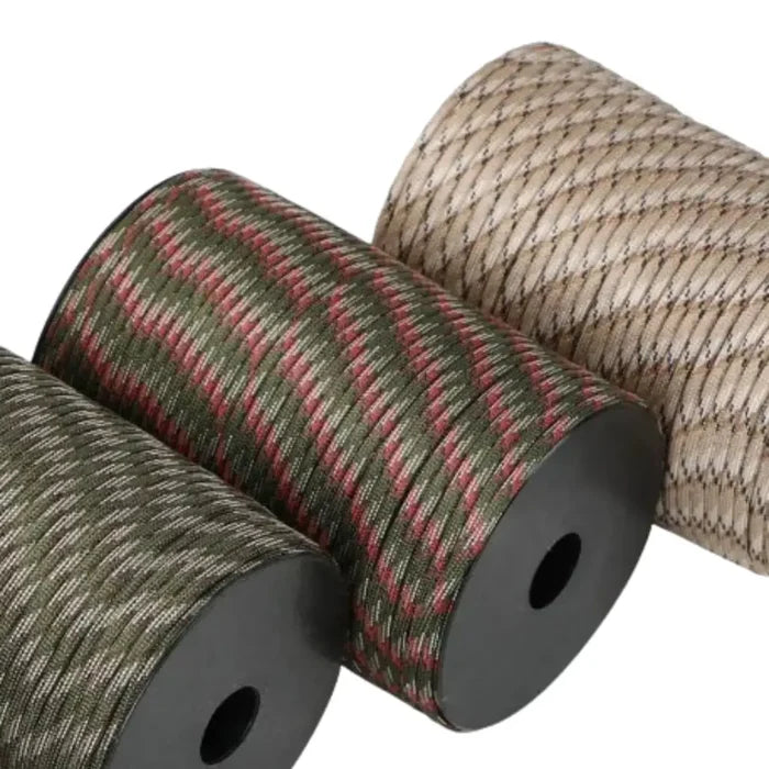 Habicare 9-core military survival paracord rope in various lengths and colors, showcasing its durable, versatile design and braided texture.