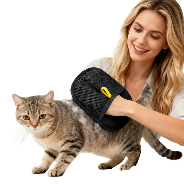 Habicare reusable double-sided pet hair removal gloves showing pet fur collecting on the textured surface.