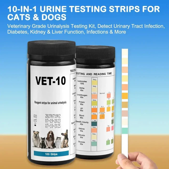 Habicare 9eight5 pet urine testing strips, 100-pack, silver color, used for veterinary health and pet urine analysis.