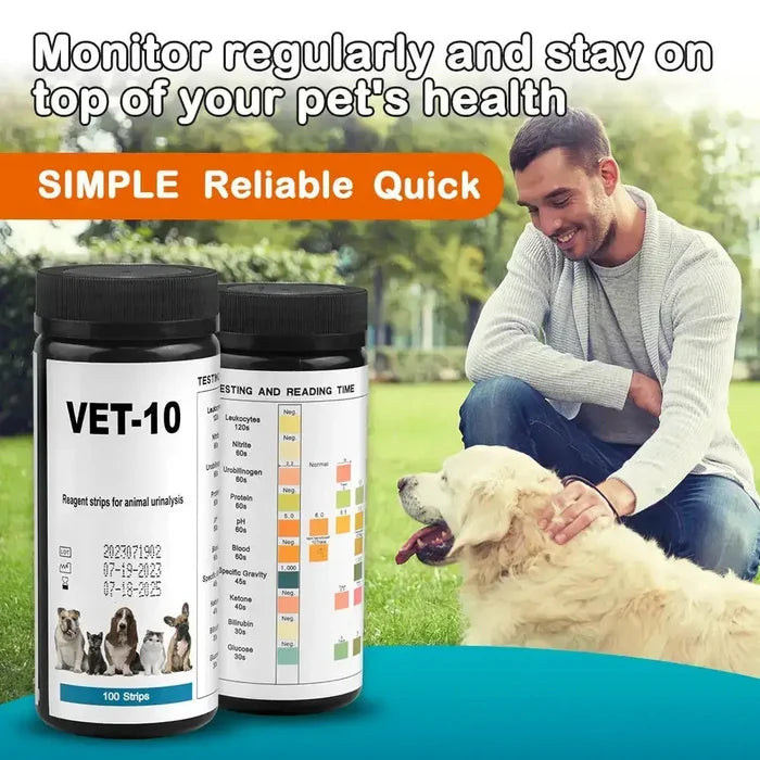 Habicare Pet Urine Testing Strips (100 count) with silver packaging, used for detecting urine components in pets.