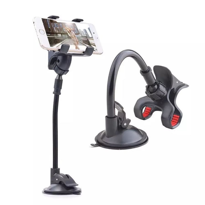 Adjustable 9eight5 phone holder attached to a device, showcasing versatile smartphone and tablet accessory for hands-free use.