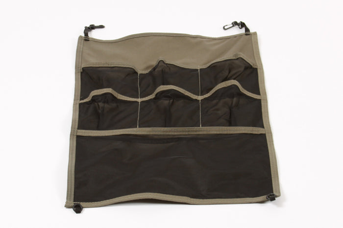 Khaki organizer with multiple pockets, ideal for storage and easy access to essentials.