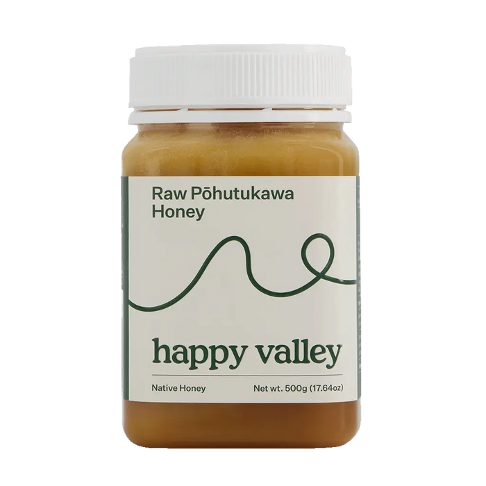 Raw Pohutukawa native honey from Happy Valley Honey, showcasing a jar of gourmet and raw honey with a natural golden color.