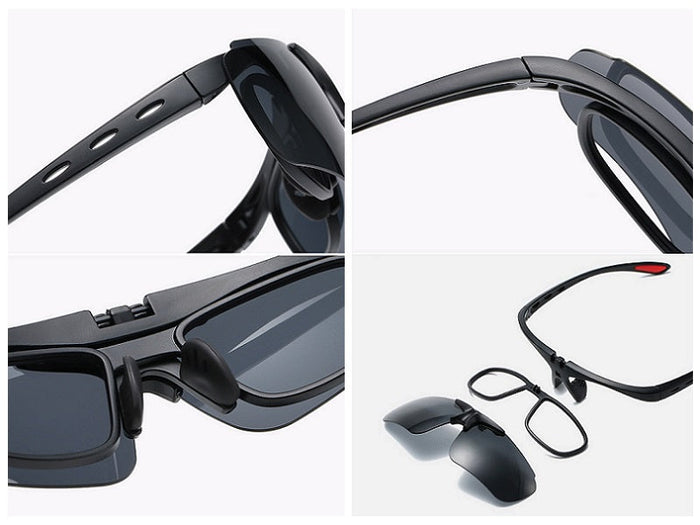 DealOnlineNZ polarized sunglasses with interchangeable color lenses, showcasing sleek frame and vibrant lens options.