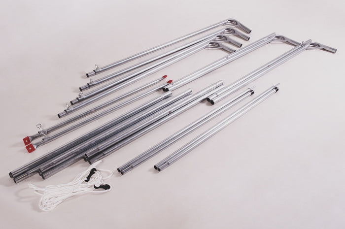 Galvanized steel poles with hooks and ropes for versatile installation and support.