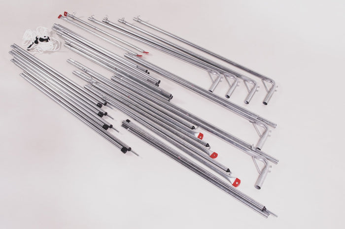Galvanized steel tent poles set with connectors and ropes for outdoor events, durable and lightweight.