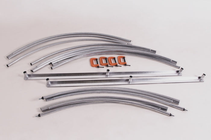 Curved metal rods and clamps, durable steel construction, ideal for custom structures and DIY projects.