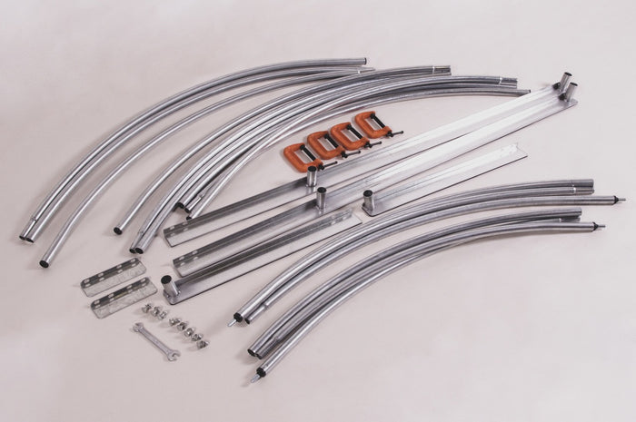 Set of metal hardware parts including curved tubes, clamps, and connectors for DIY projects.