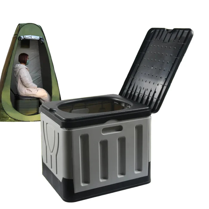 Portable Habicare 4-in-1 outdoor camping toilet, foldable and odor-proof SS design with compact, lightweight construction for camping trips.