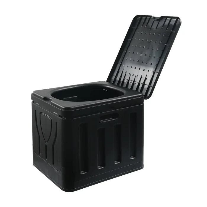 Portable Habicare 4-in-1 outdoor camping toilet with foldable design and odor-proof features, made of stainless steel.
