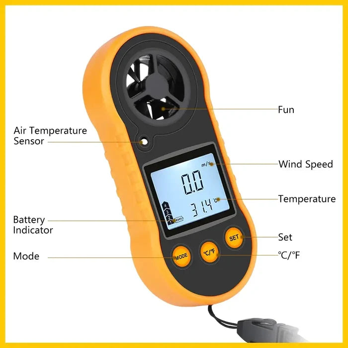 Habicare HBC portable anemometer with LCD display measuring wind speed for accurate readings in a compact digital gauge