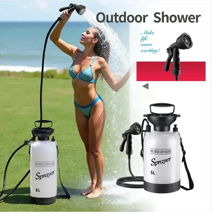 Habicare portable outdoor manual camping shower with 3/5/8L capacity, stainless steel body, hose, ideal for camping and outdoor use.